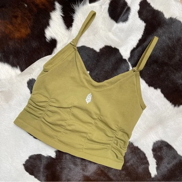 NWOT FREE PEOPLE MOVEMENT GOOD KARMA DUSTED MILITARY (KHAKI) RUCHED CROP TANK - Picture 9 of 10
